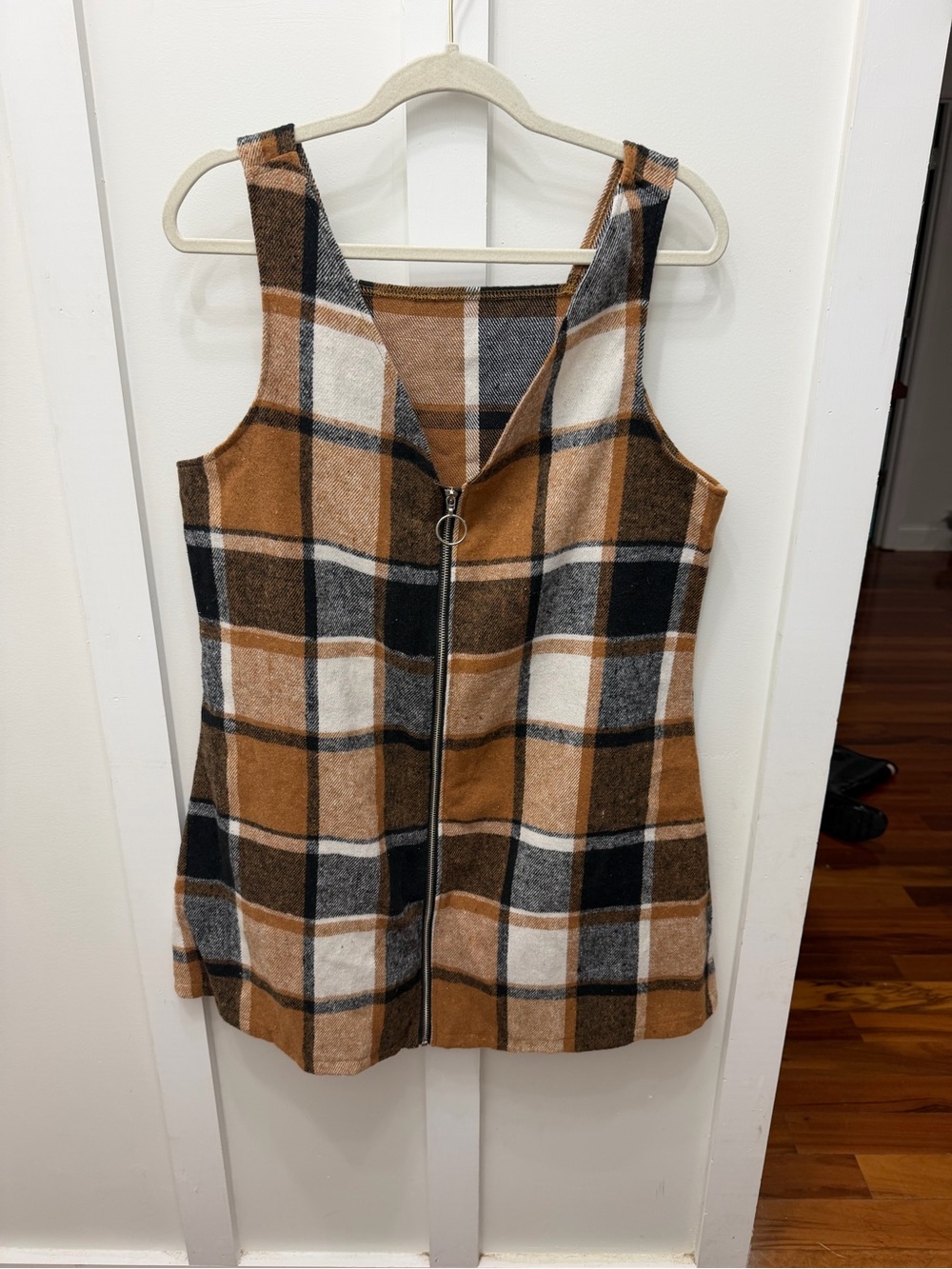 SHEIN Brown Black Cream Plaid Zip-Front pinafore dress